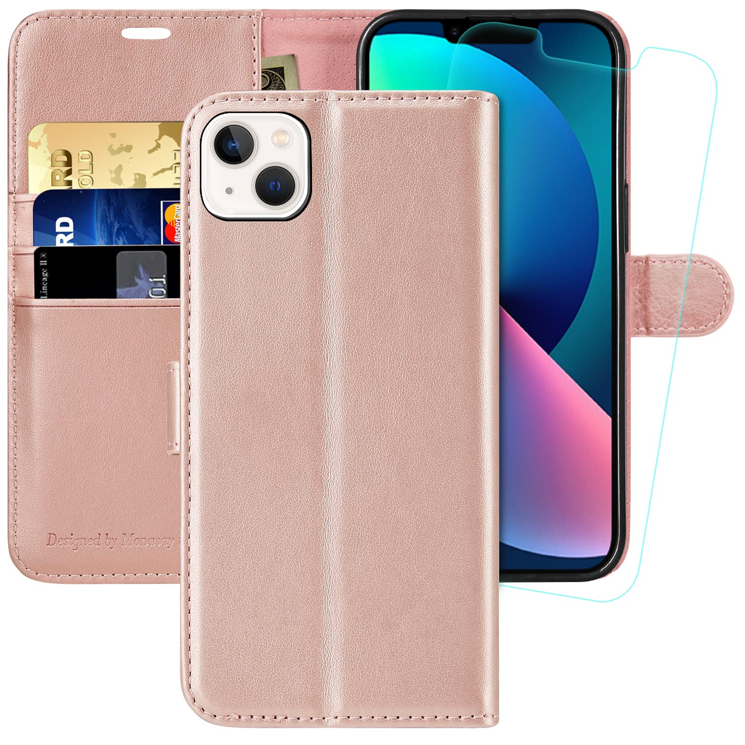 MONASAY Wallet Case for iPhone 14 5G,[Glass Screen Protector Included] [RFID Blocking] Flip Folio Leather Cell Phone Cover with Credit Card Holder，6.1-inch,Rosegold