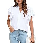 Vipwest Women's Dressy Casual Tops 2025 Summer Ruffle Short Sleeve V Neck Shirts Business Work Pleated Blouse