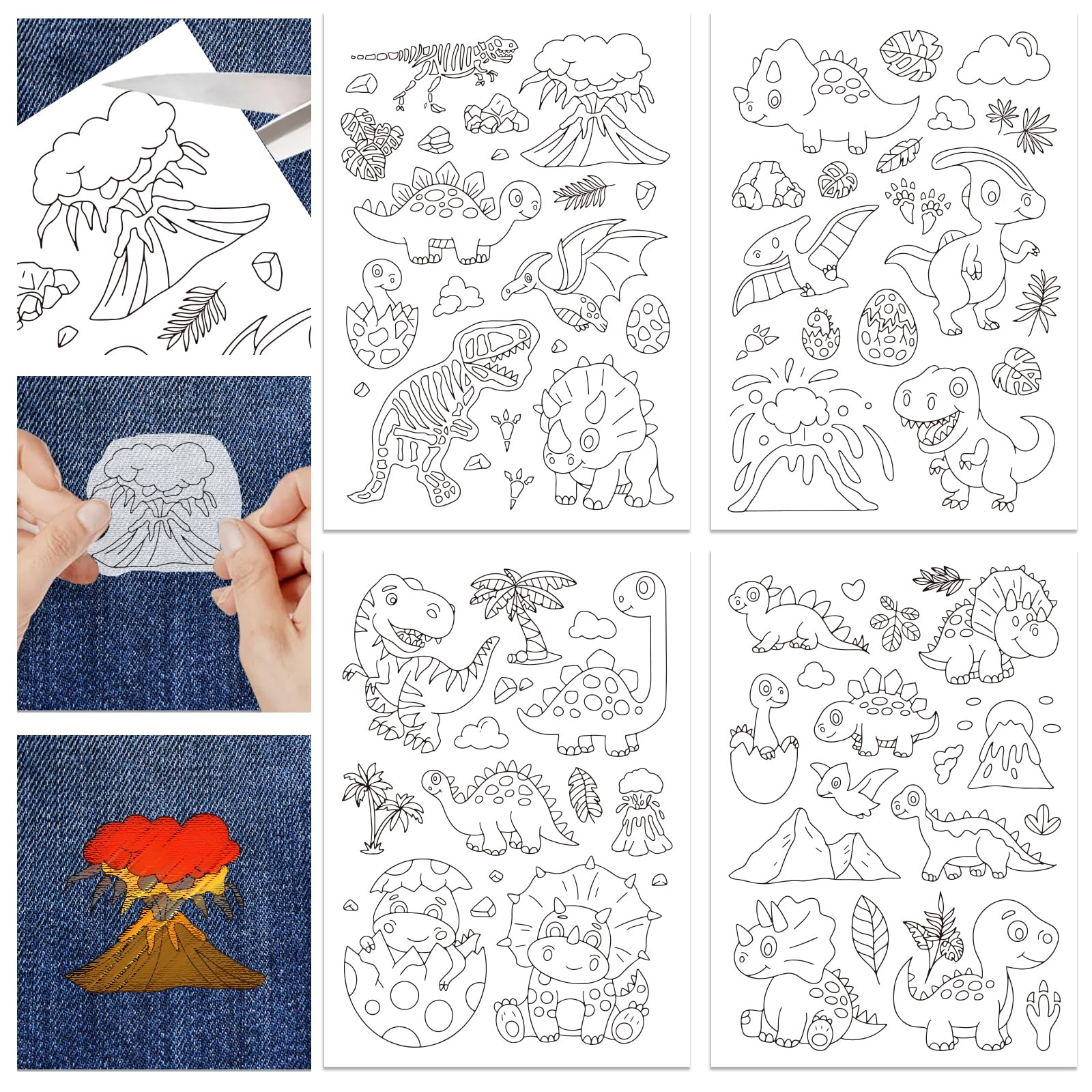GLOBLELAND 4 Sheets 28Pcs Dinosaur Water Soluble Hand Sewing Stabilizers Dragon Stick and Stitch Embroidery Designs Paper for Fabric Embroidery Stitch Practice Embroidery Patterns Transfers