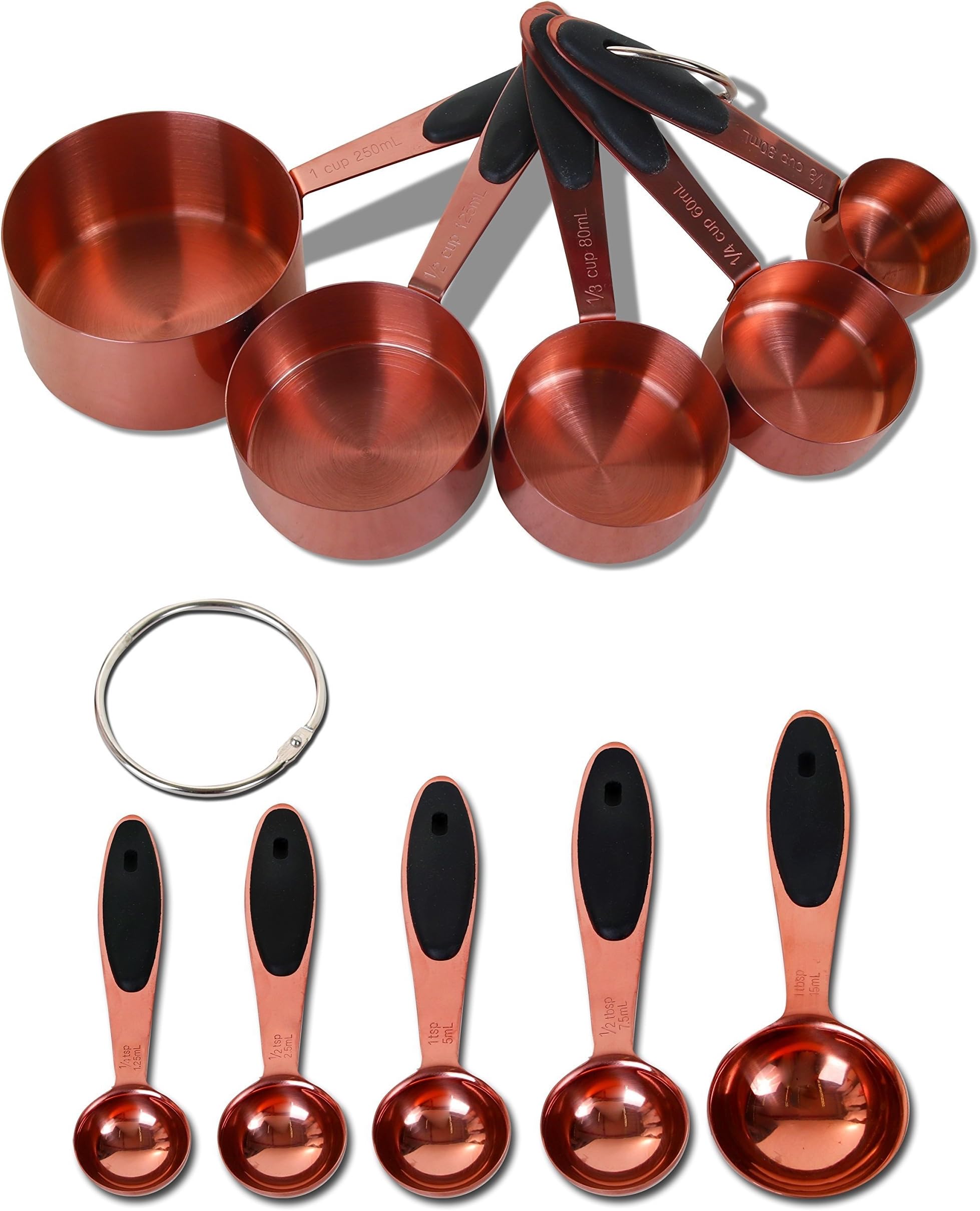 Measuring Spoons and Cups Set in Rustic-Copper Plus 2 Clip Rings by Silky Road - Dishwasher Safe - Black Rubber Grips - Stackable Nesting Copper-Plated Stainless Steel