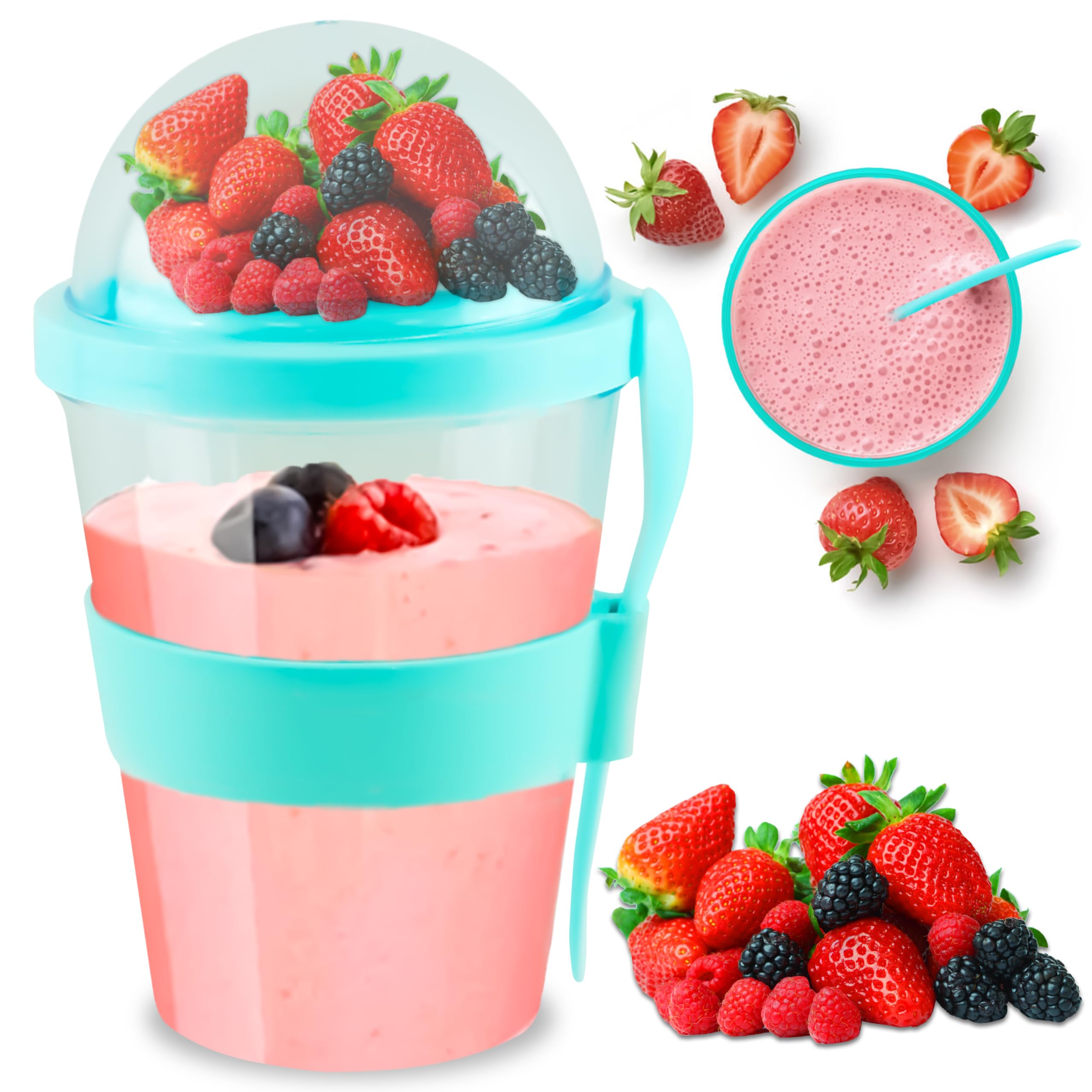 HOVUK Mint Portable Yogurt Oatmeal Cup with Spoon 20oz – Leak-Proof BPA-Free Breakfast Container with Lid – Reusable Cereal Pot for Travel, School, Work, Dishwasher Freezer Safe