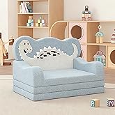 YACODAVO 2-in-1 Toddler Couch Fold Out, Foldable Kids Sofa, Kids Chairs Comfy, Gift for Boys, Gift for Birthday, Children's Day, Sky Blue Dinosaur