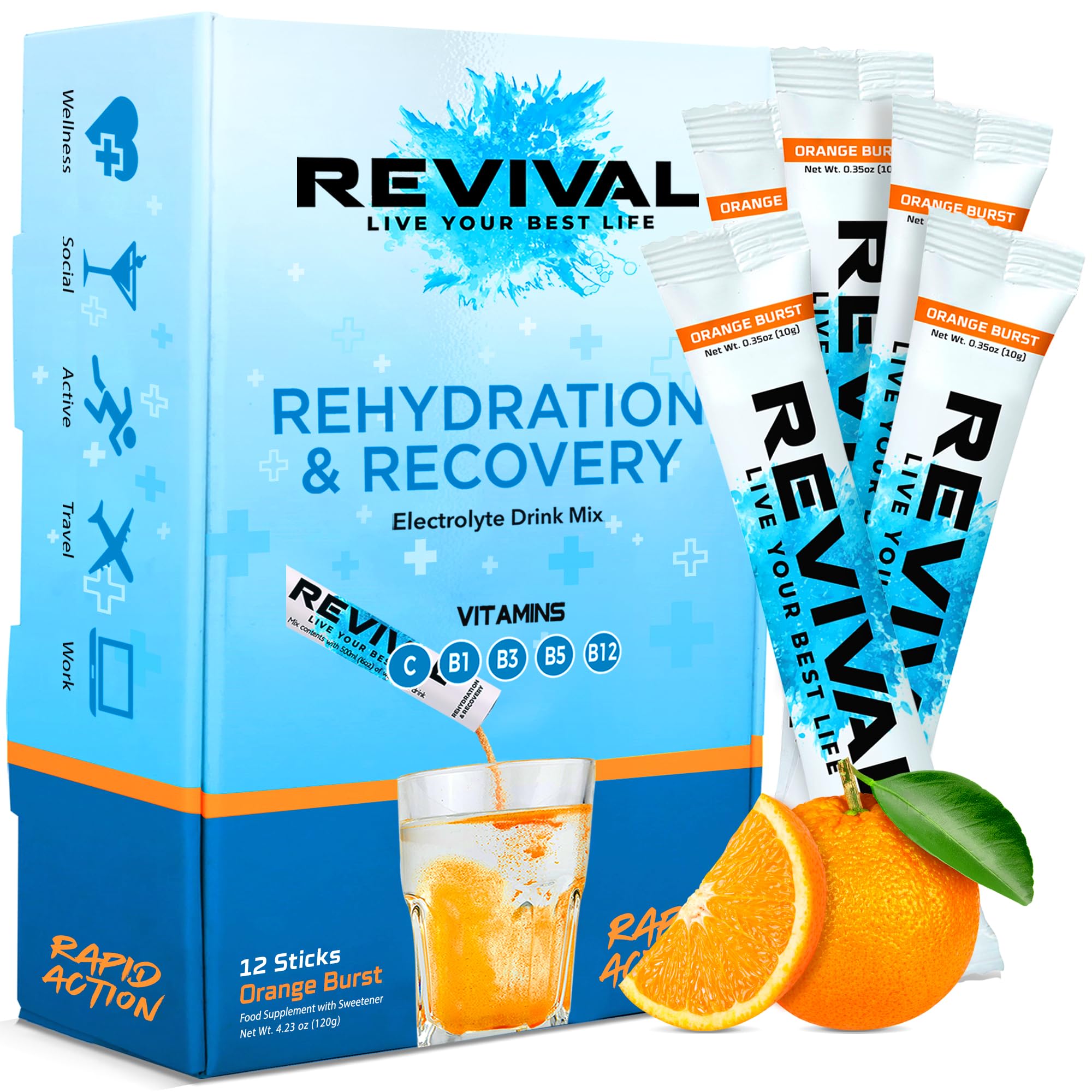 Revival Rapid Rehydration, Electrolytes Powder - High Strength Vitamin C, B1, B3, B5, B12 Supplement Sachet Drink, Effervescent Electrolyte Hydration Tablets - 12 Pack Orange