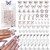 110 Pcs Pink Gems Silver Nail Charms, Dangle Star Nail Charms and Gems, Alloy Butterfly Bows Crown Planet Nail Art Charms, Alloy Y2K Nails Charms for Acrylic Nails DIY Accessories