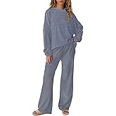 SENSERISE Womens Striped Lounge Set 2 Piece Outfits Fall Matching Pajama Sets Long Sleeve Striped Shirt Wide Leg Pants