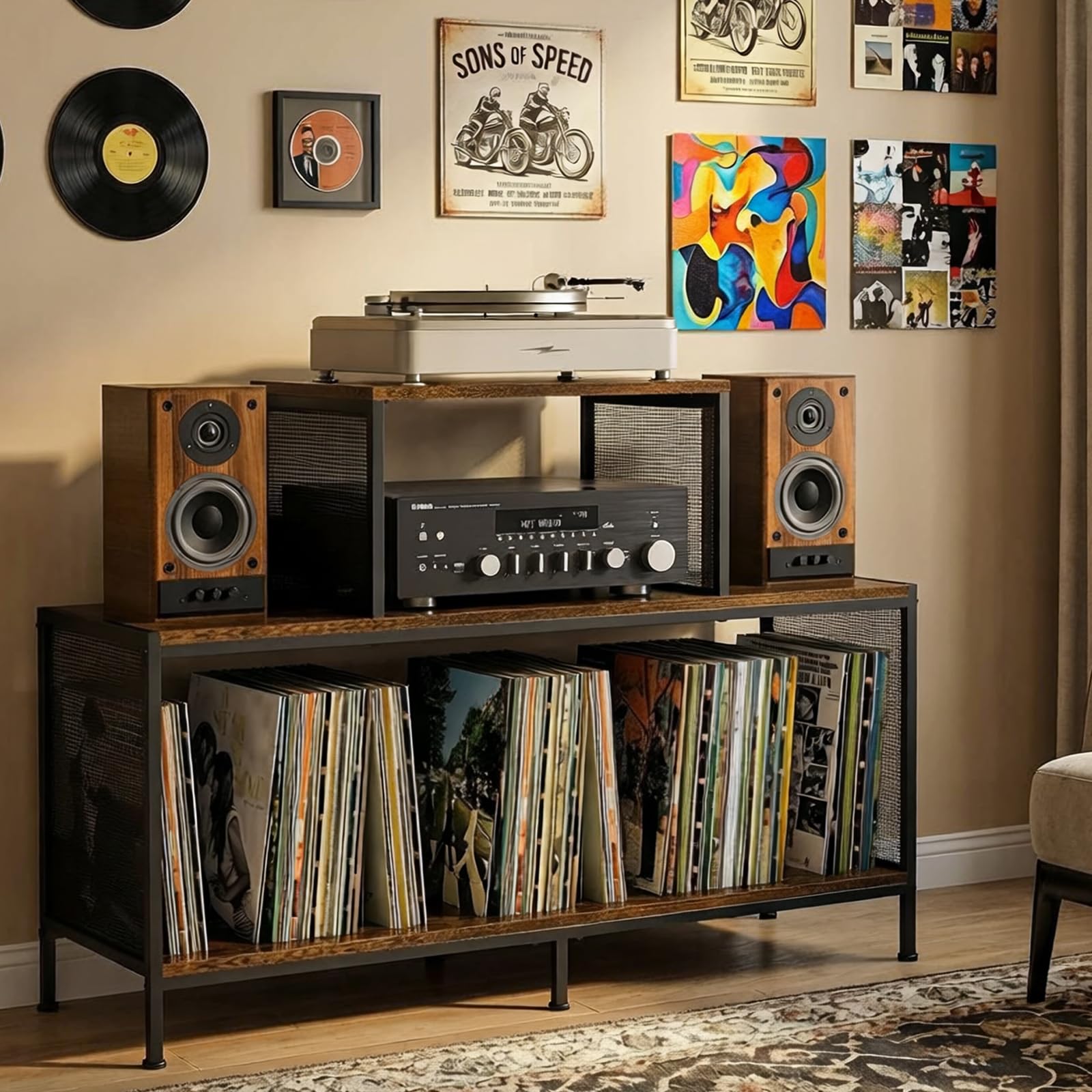 Photo 1 of ***STYLE MAY DIFFER / STOCK PHOTO FOR ITEM LIKENESS*** Sonyabecca Spacious Vintage Record Player Table - Holds 150-250 Vinyl Albums, Adjustable Dividers, Side Display Areas - Ideal for Living Room, Bedroom, Office