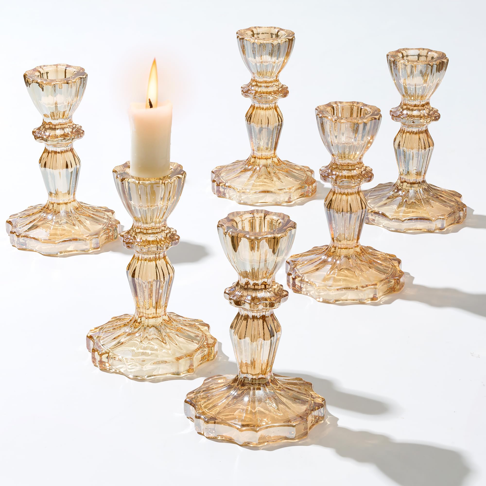 Inweder Glass Candlestick Holders Vintage Candle Holers: 6 Pcs Gold Candle Holder Crystal Candle Stick Holder Taper Candle Holders for Wedding or Home Decoration