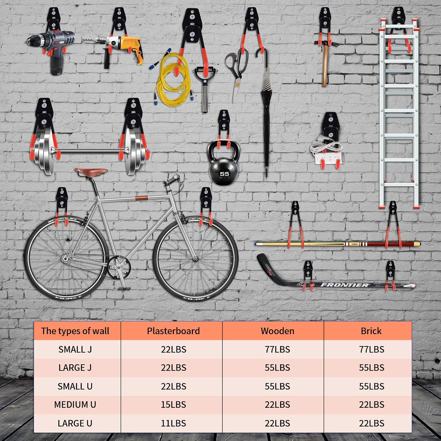 Garage Hooks Double Heavy Duty 14 Pack Steel Garage Storage System Hooks, 10 lbs of Additional Support, Wall Mount Hooks Garage Hanger & Organizer for Organizing Power Tools, ladders, Bikes(Orange) - - 