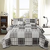 Bedspread Set Queen/Full Size Quilt Set Plaid Bed Spread Coverlet Black White Grey Plaid Patchwork Stripe Modern Quilt Bedspread Bedding Soft Lightweight Reversible Home Mens Quilts for Queen Bed
