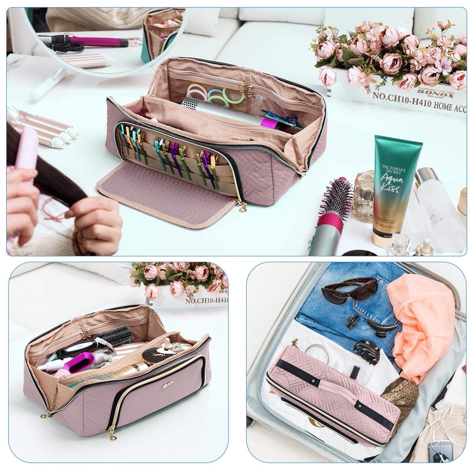Large Hair Tools Travel Bag with Iron Mat - 2in1 Hair Tools Organizer for Hair Dryer Brush, Flat Irons, Straighteners, Curling Irons, Hair Bag, Makeup Bag, Cosmetic Bag for Travel Essentials