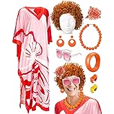 Velmitten Landlady Costume Including Caftan Dress Curly Wig Necklace Earring Sunglasses Rings Hair Clip for Halloween Cosplay