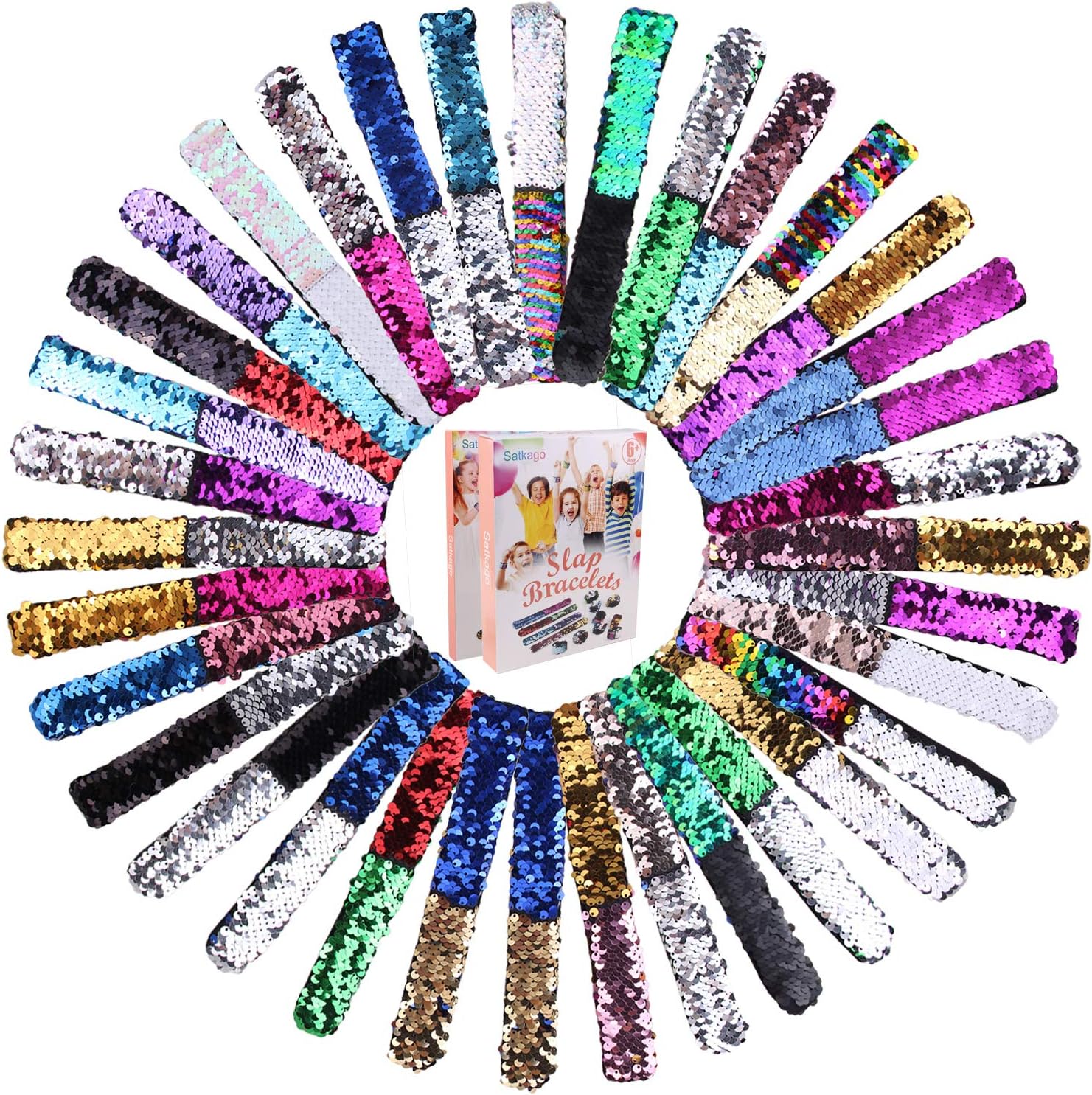 Satkago 36 Pcs Mermaid Slap Bracelets Birthday Party Favors for Kids, Two-Color Decorative Reversible Sequin Bracelets, Great Dance Gymnastics Party Favors, Class Prizes for Kids, Girls, Boys, Women