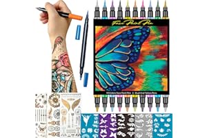 CORALMEE Temporary Tattoo Markers for Skin - Dual Tip 10 Colors Tattoo Pens for Skin Temporary, Washable Metallic Tattoo Markers with Stencils, Flexible Body Markers, Skin-Safe Face Paint Kit for Kids Adults