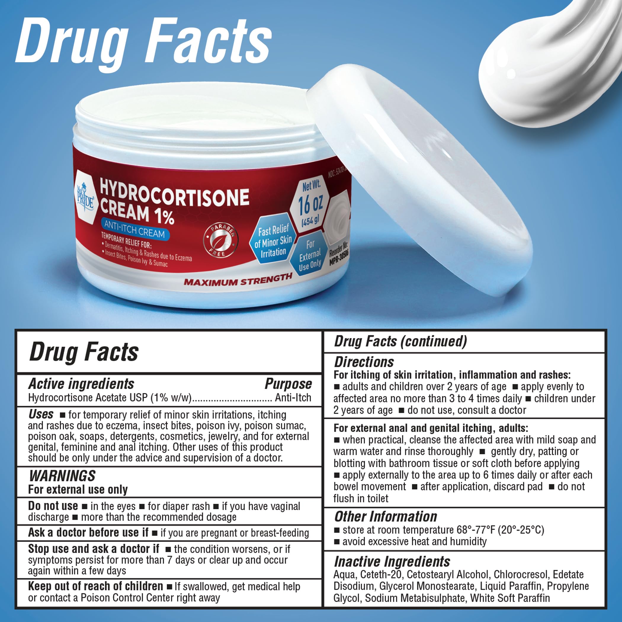 MED Pride 1% Hydrocortisone Cream Bulk 16 Oz Maximum Strength Itch Relief for Eczema, Dermatitis, Rashes, Mosquito Bites
