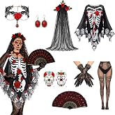 9 Pcs Day of The Dead Costume Cape Set, Halloween Skeleton Poncho Accessory | Rose Headband Earrings Necklace Stickers Skull Stockings Fan Lace Gloves for Masquerade Balls Cosplay Event Photo Shoot Women