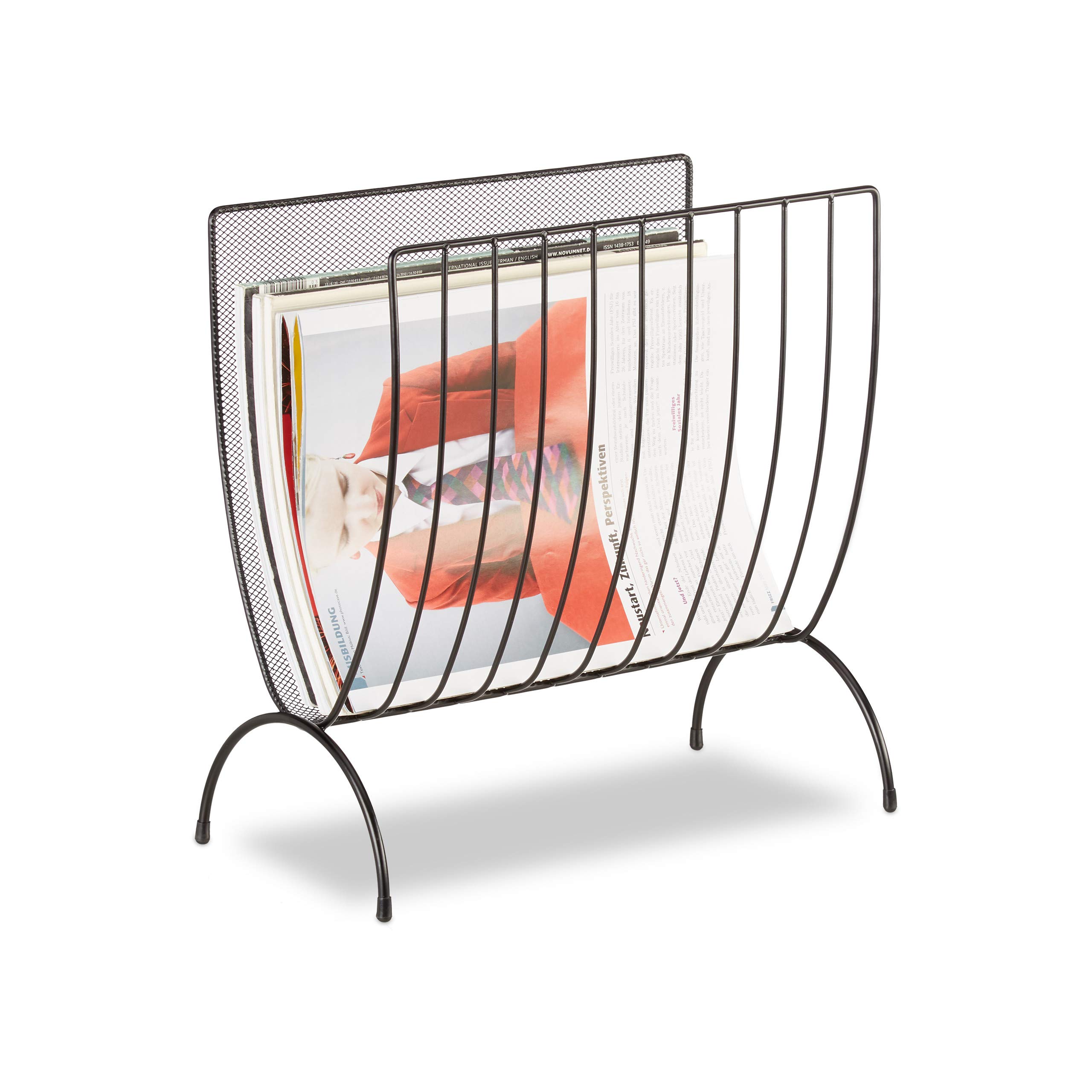 Relaxdays Mesh Newspaper Stand, Metal Newspaper Bin, Freestanding Rack, H x W x D 35 x 34 x 18 cm, Black