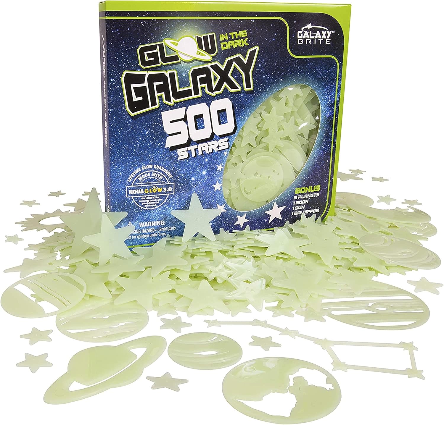 Wall Décor - Glow in The Dark Stars for Ceiling, 500-Count, Largest Ceiling Glow Stars Assortment; Includes Bonuses; Jumbo Sun (Supernova), All 9 Planets, Bonus Moon and Entire Big Dipper Constellation
