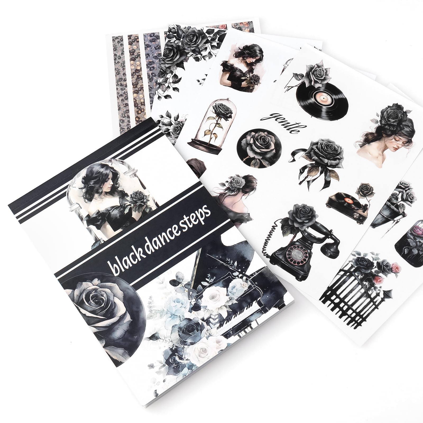 NOGAMOGA Scrapbook Sticker Book, Dark Gothic Pre-Cut Aesthetic Women and Rose Stickers, Junk Journaling Sticker, Scrapbooking Supplies, Triple Materials, 20 Sheets, Black