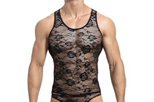 GENEMEN Mens Floral Lace Tank Top Sexy See Through Pajamas Vests Sleeveless Round Neck T-Shirt