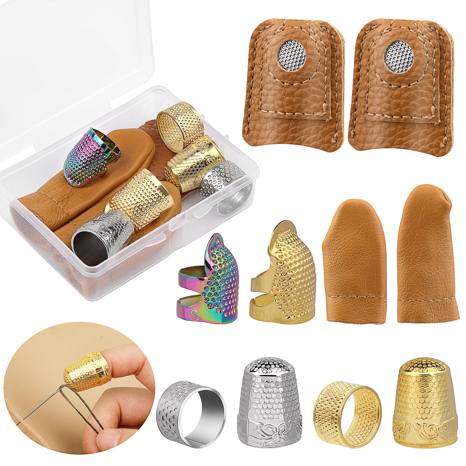 JUAYING 10 PCS Hand-Working Sewing Thimble, Metal Finger Shield Ring, Leather Coin Finger Protectors, Sewing Thimble Rings Cap Metal Shield for Knitting Quilting DIY Craft Tools