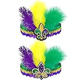 Wittocs 2 Pack Mardi Gras Feather Sequin Fleur De Lis Headband Purple Yellow Green Flapper Headband Cocktail Adjustable Headwear Carnival Parade Supplies Party Favor for Women