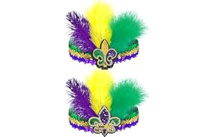 Wittocs 2 Pack Mardi Gras Feather Sequin Fleur De Lis Headband Purple Yellow Green Flapper Headband Cocktail Adjustable Headwear Carnival Parade Supplies Party Favor for Women