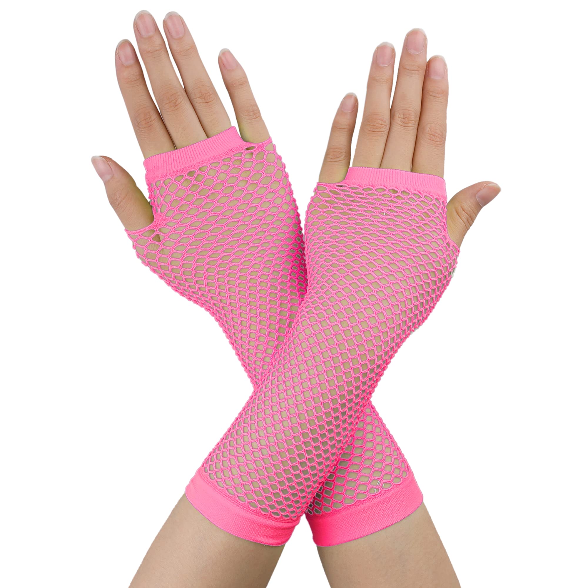 sourcing map Women's Fingerless Mesh 1980s Fancy Dress Party Costume Accessories Fishnet Gloves Light Pink Long-1Pair