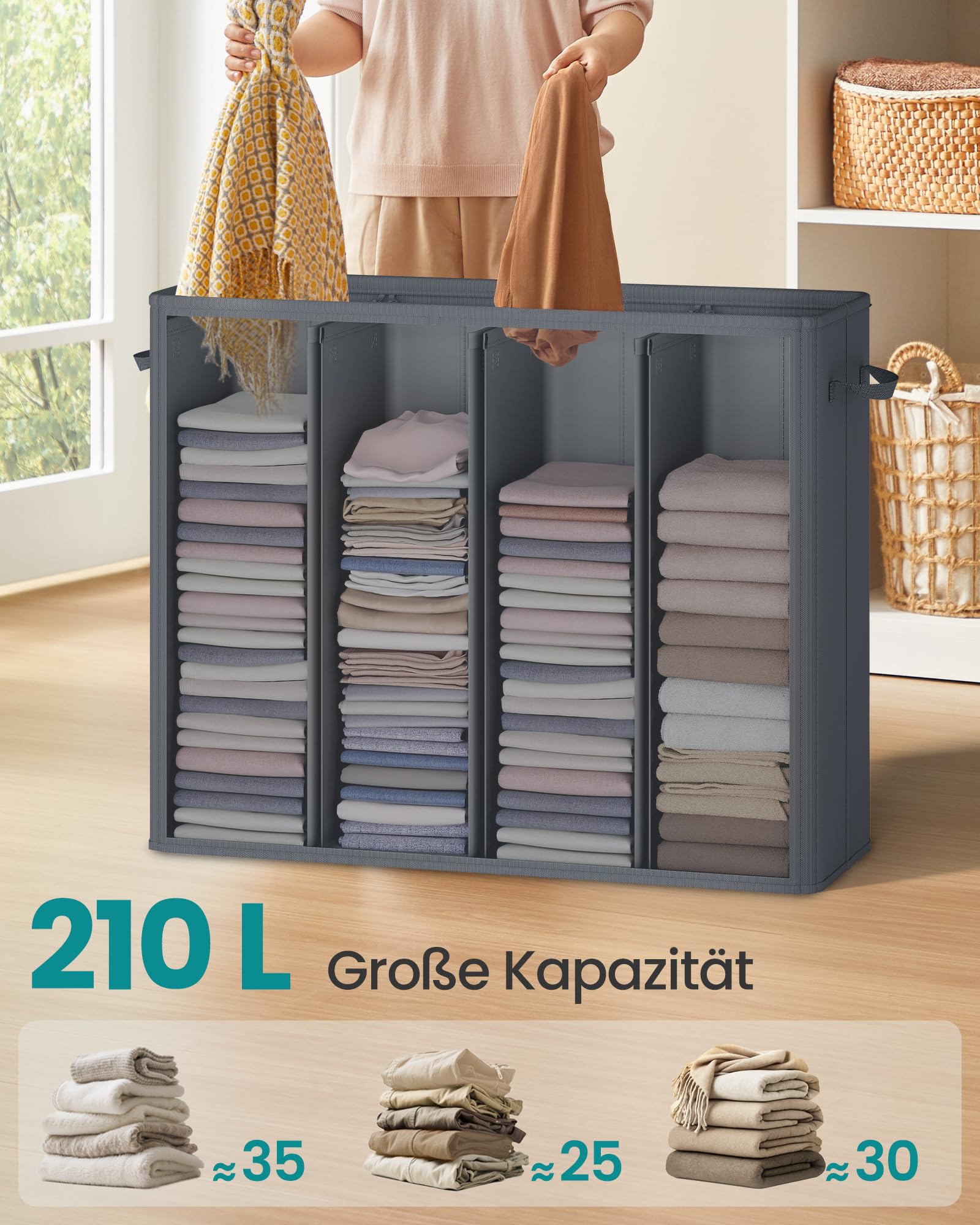 SONGMICS Wäschekorb mit 4 Fächern, 210 L, mit Deckel, 5 Etiketten, herausnehmbarer und waschbarer Innensack, Waschküche Schlafzimmer, dunkelgrau RLH014G01 3