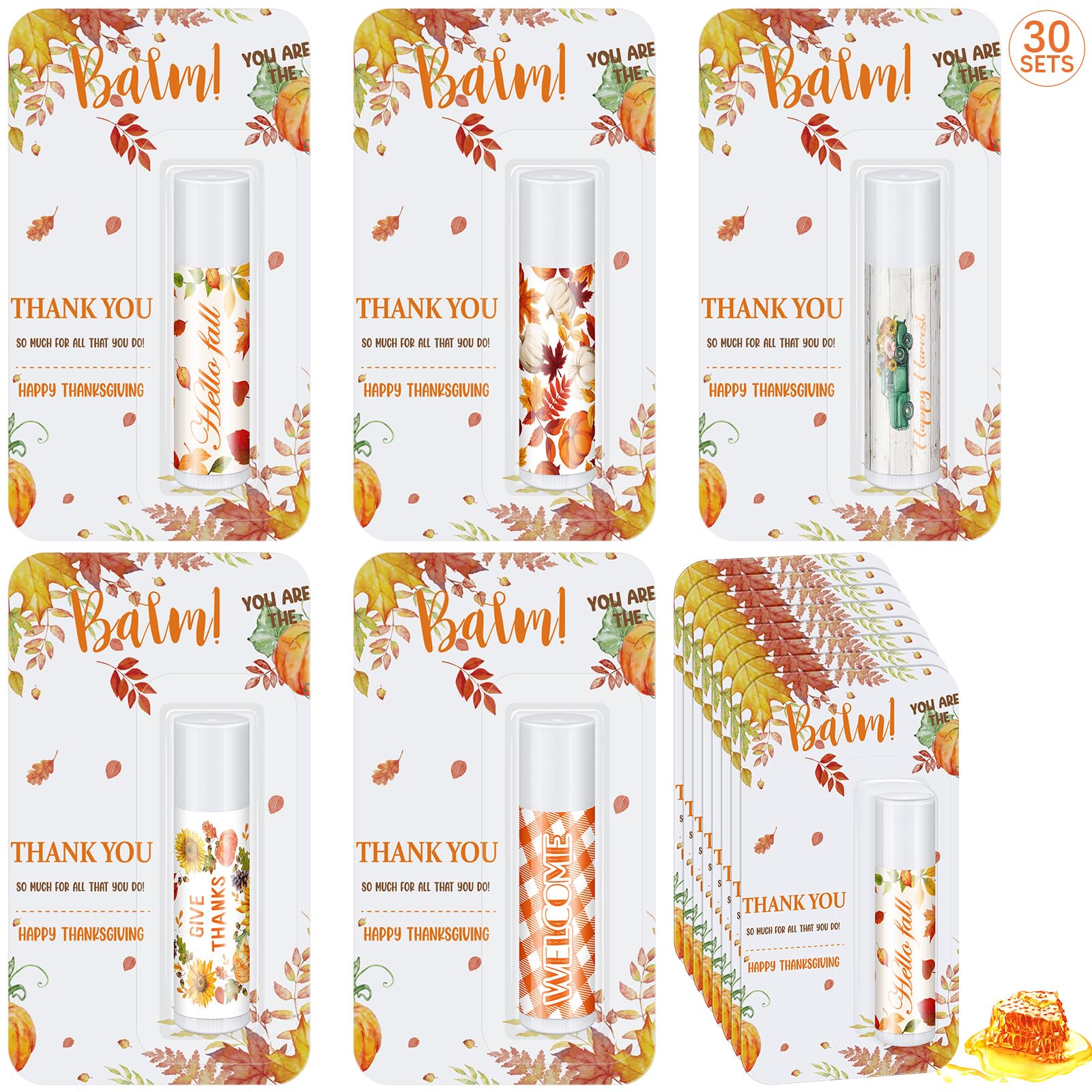 Photo 1 of 5 Pack Hello Fall Autumn Lip Balm Favors Bulk Fall Happy Thanksgiving Halloween Lip Balm Party Gifts Basket Stuffers Employee Staff Thank You Appreciation Gift for Women Men Teacher Coworkers