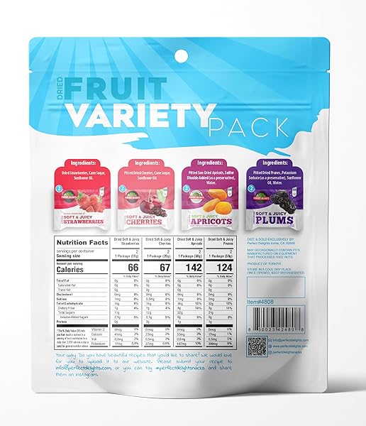 PERFECT DELIGHTS MULTIPACK SUN-DRIED FRUITS, VEGAN, HEALTHY SNACK PACKS, DRIED FRUITS ON-THE-GO, VARIETY FRUIT PACK FOR KIDS & ADULTS, APRICOTS, PLUMS, SOUR CHERRIES, STRAWBERRIES (8 PACK/ 2 OF EACH)
