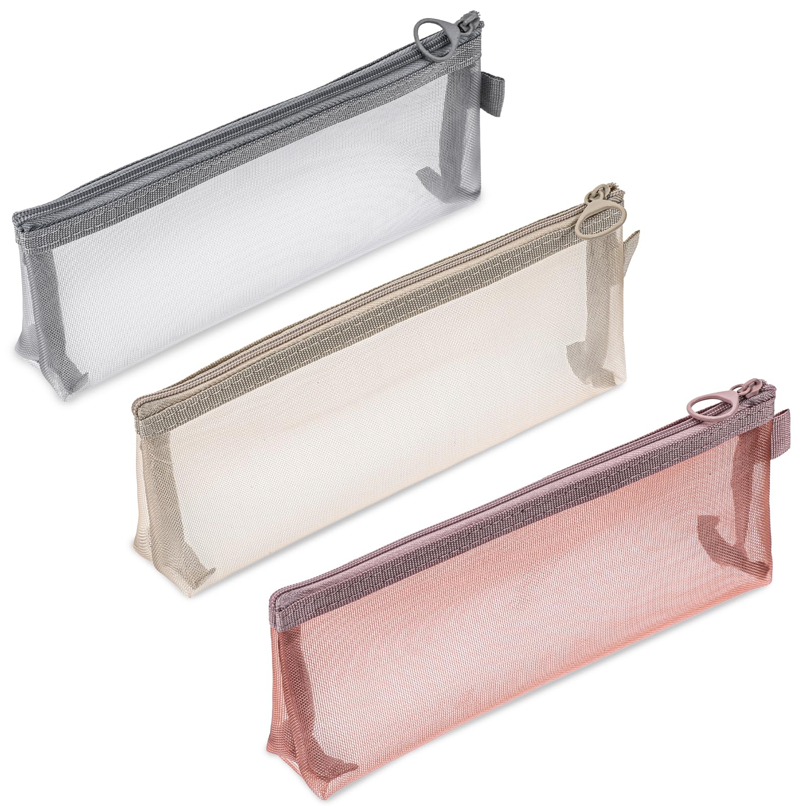 Piriuuo 3 Pcs Nylon Mesh Makeup Bag with Zipper - Portable Cosmetic and Pencil Pouch for Travel, Office, Home Accessories