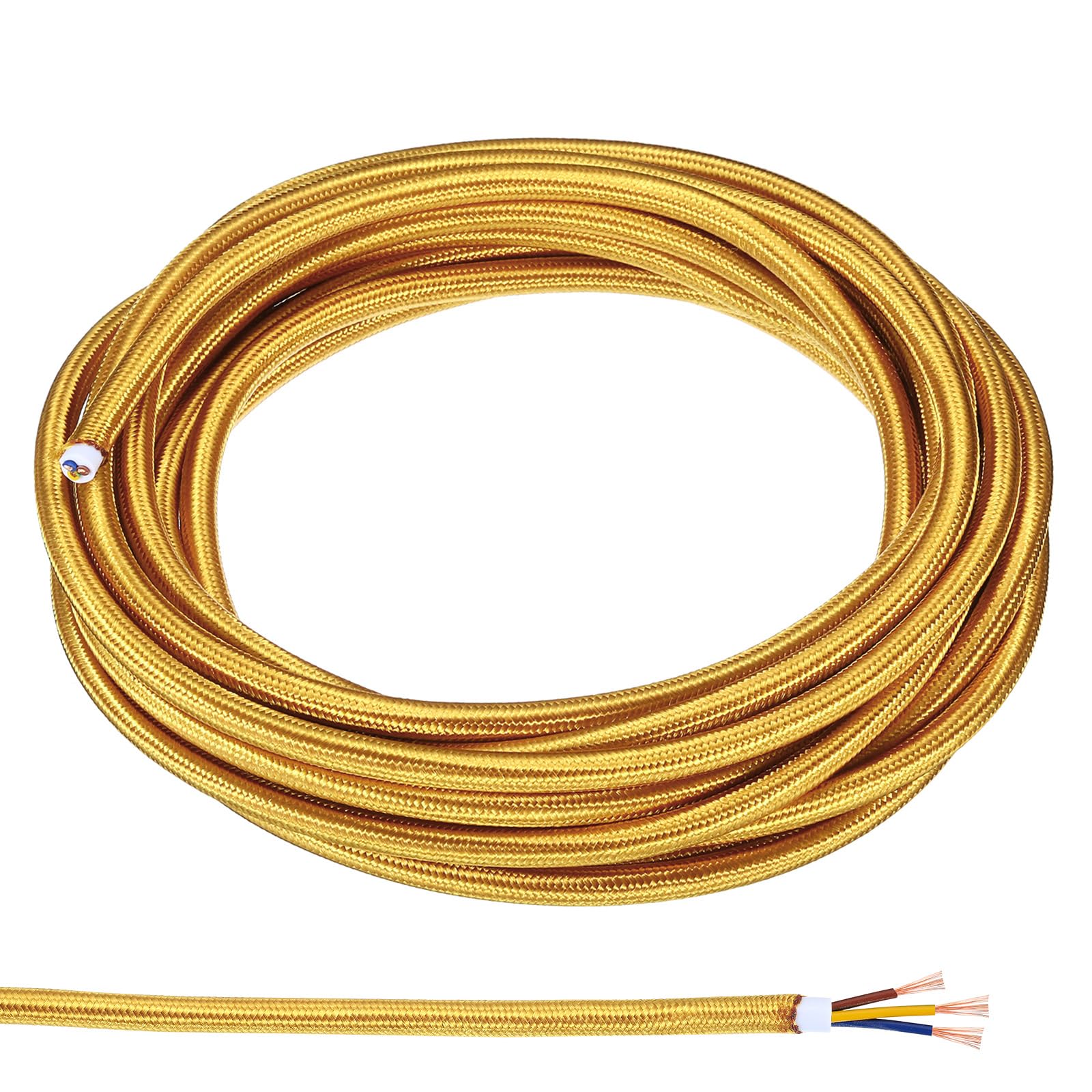 PATIKIL Fabric Cloth Covered Round Wire, 16.4ft 18AWG 3 Core Vintage Woven Electrical Cord for Pendant Light DIY Project, Golden