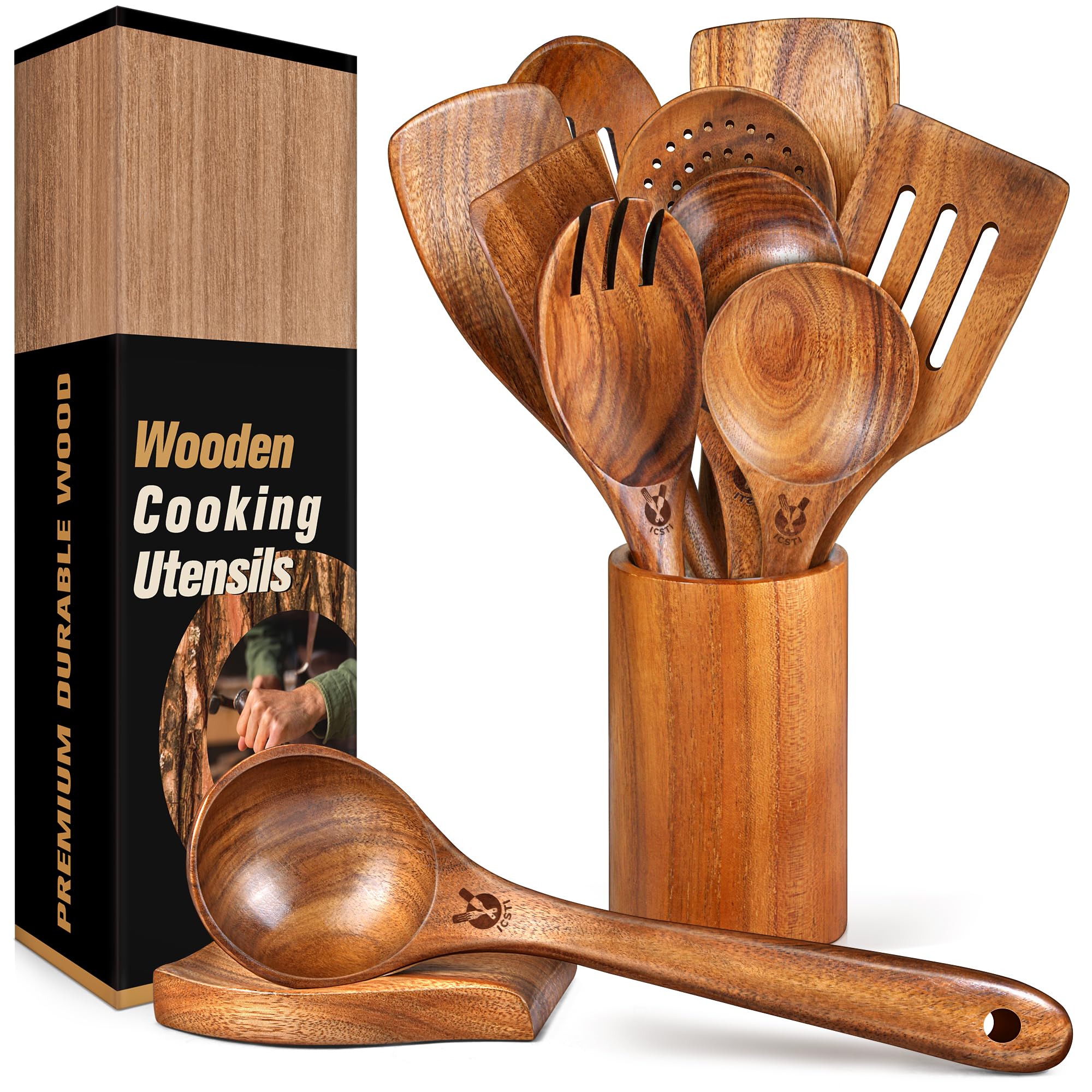 Photo 1 of 12 Pcs Teak Wooden Utensil Set with Holder & Spoon Rest, Wooden Spoons for Cooking with Comfort Grip, Wooden Cooking Utensils Set for Nonstick Cookware, Lightweight & Heat Resistant Kitchen Utensils