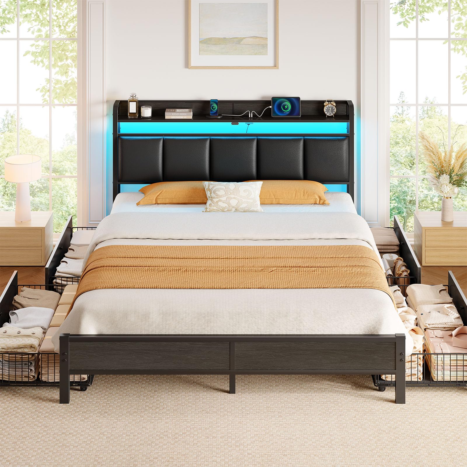 Rolanstar Bed Frame Queen Size with Charging Station and LED Lights, Upholstered Storage Headboard with Drawers, Heavy Duty Metal Slats, No Box Spring Needed, Easy Assembly, Black Image