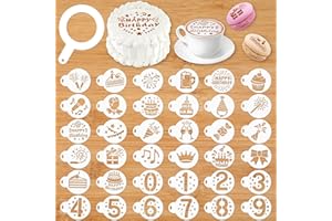 MWOOT 36 Pieces Birthday Coffee Stencils, Reusable Cookie Cake Painting Template, Latte Art Baking Decorating Cookie Stencils