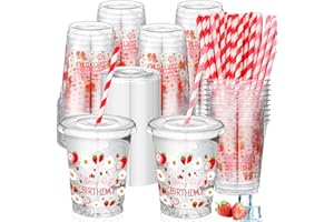 Jingmore 50 Pcs Strawberry 1st Birthday Party Disposable Plastic Cups 12 oz with Lids Straws Themed Party Supplies Plastic Tumbler for Girl Boy Baby Shower Table Decorations Favors(Pink and Red)