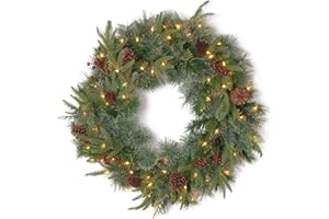National Tree Company Pre-Lit Artificial Christmas Wreath, Green, Colonial Fir, White Lights, Decorated with Pine Cones, Berry Clusters, Christmas Collection, 24 Inches