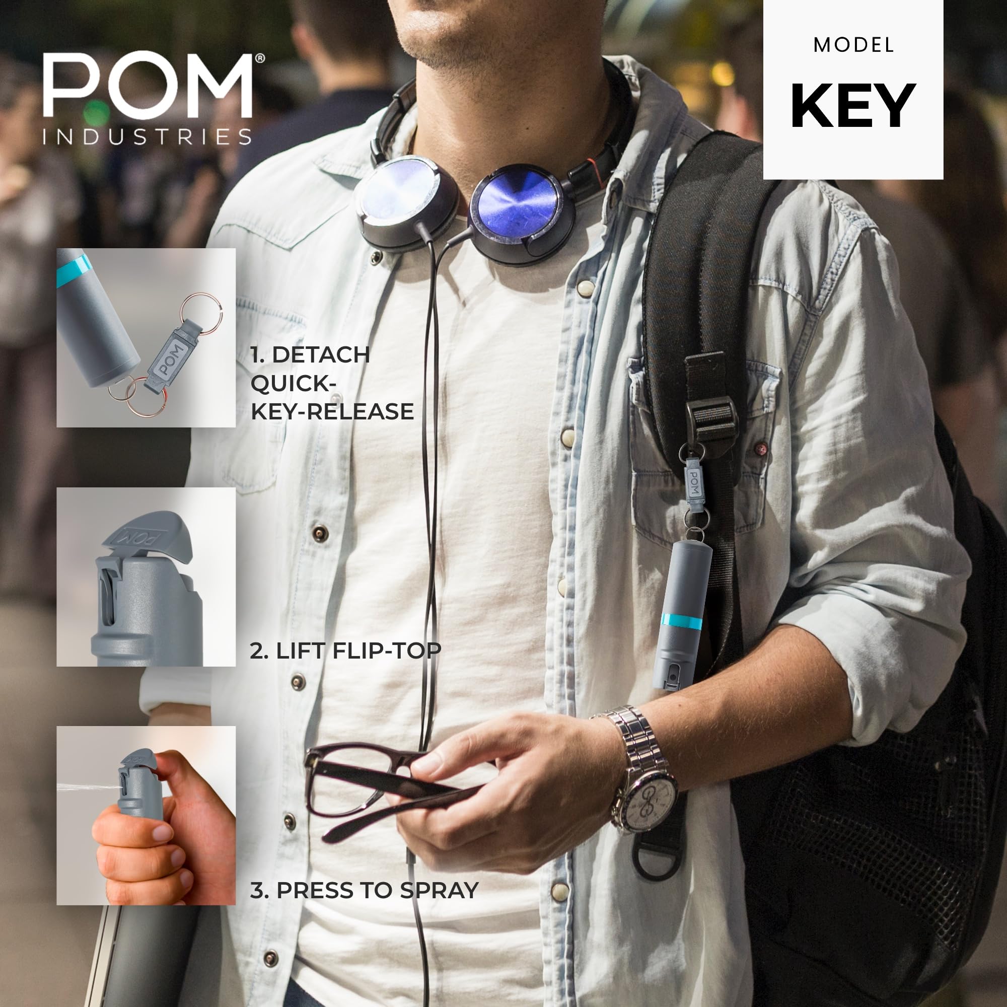 POM Pepper Spray Keychain, Quick Key Release for Instant Access, Flip Top Safety, Maximum Strength OC Formula with UV Marking Dye, 25 Bursts, 10 ft Range, 0.5 fl oz