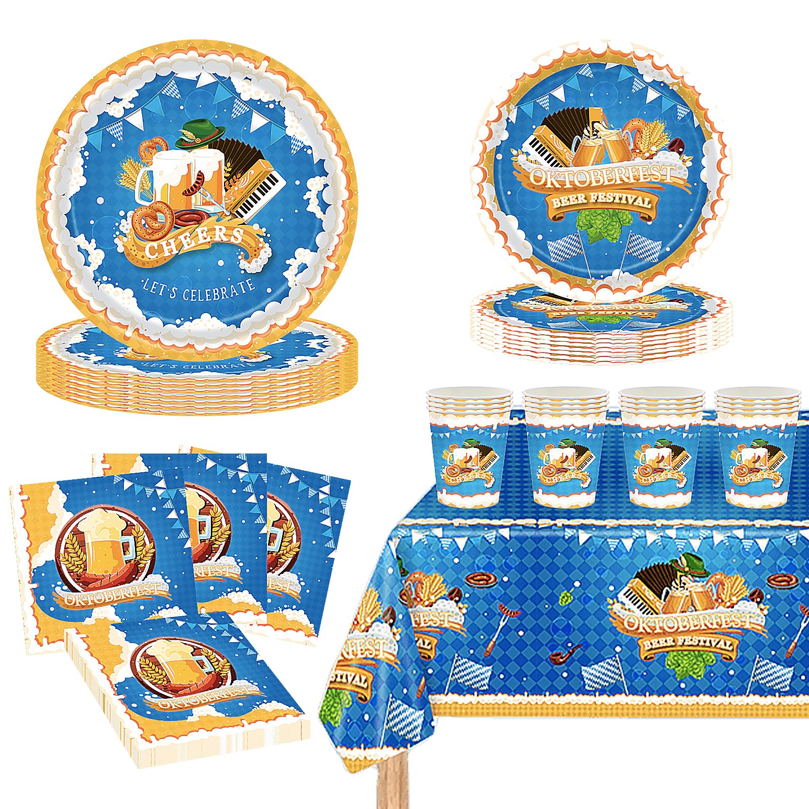 69Pcs Bavaria Oktoberfest Party Tableware Set with Paper Cups Paper Plates Napkins Table Cloth,Oktoberfest Blue and White Party Decorations for Celebrating Bavaria Oktoberfest Anniversary Supplies