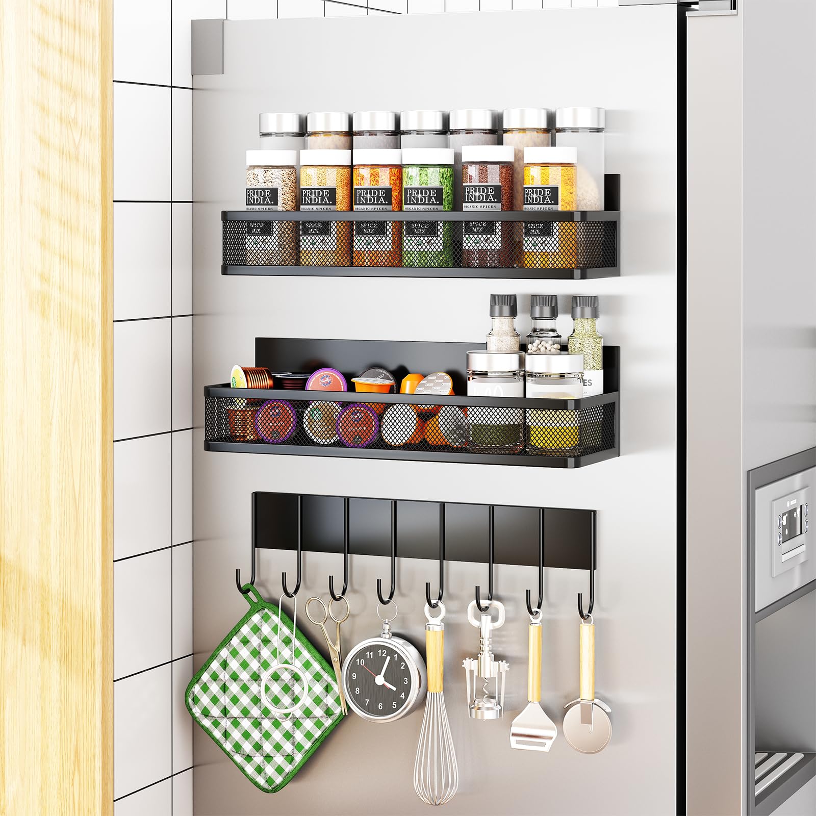 Photo 1 of Aufworld Magnetic Spice Rack for Refrigerator, 3 Pack Magnetic Shelf, Moveable Fridge Organizer with 8-Hook Rack, Seasoning Organizer for Kitchen