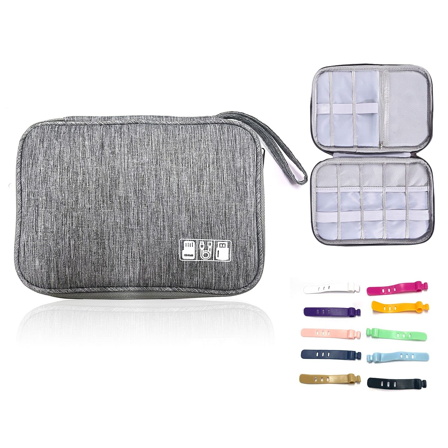 BEIIEB 1 Piece Electronic Accessory Organizer & 10 Pieces Silicone Cord Management Strap, Travel Universal Portable Cable Organizer Bag for Chargers and More