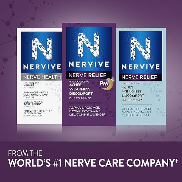 NERVIVE NERVE RELIEF PM, OCCASIONAL NERVE DISCOMFORT II, SLEEP AID, STARTS WORKING IN 7 DAYS, STABBING, BURNING, ALPHA LIPOIC ACID, MELATONIN, B VITAMINS, TURMERIC, GINGER, NERVIVE SUPPLEMENT, 30 CT