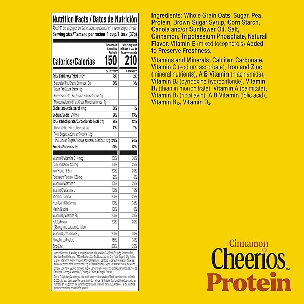 CHEERIOS PROTEIN CEREAL, CINNAMON, 8G PROTEIN, FAMILY SIZE, 15 OZ