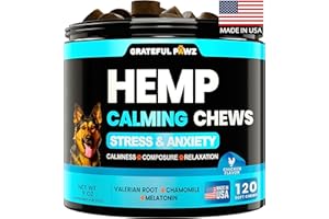 GRATEFUL PAWZ Hemp Calming Chews Treats for Dogs Anxiety Relief & Stress - Travel, Thunder, Separation - Hemp Oil - Valerian - Melatonin for Dogs - Sleep Calming Aid - Pet Soft Bites
