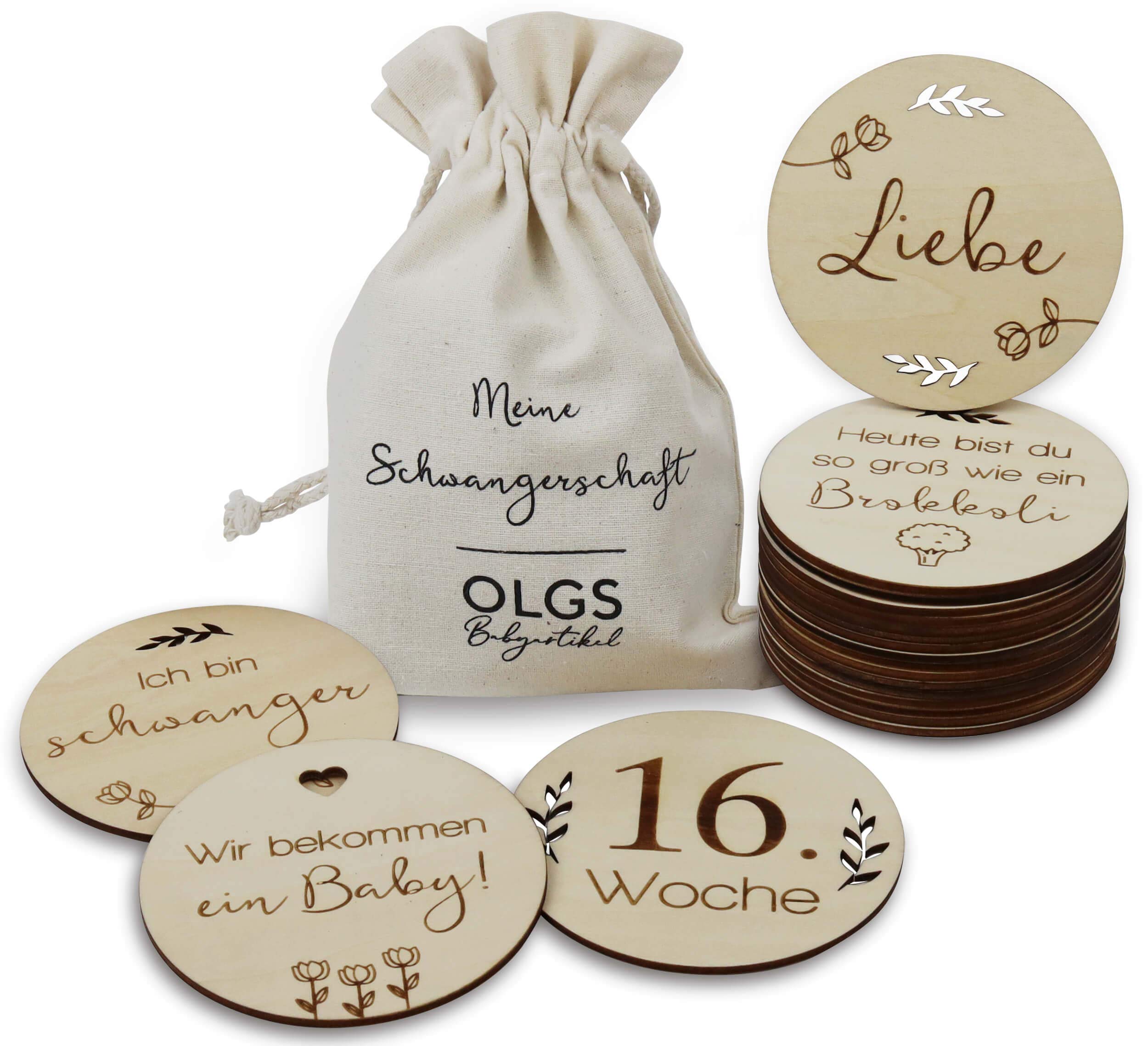 OLGS Wooden Baby Milestone Cards 40 Milestones Including Fabric Bag Gift Idea for Mums and Parents Birth Pregnancy Baby Shower Set of 20 Wooden Discs (Round Diameter 10 cm)