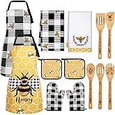 Bencailor 13 Pcs Bee Sunflower Farmhouse Kitchen Set Include 5 Cute Wooden Spoons 2 Kitchen Towels 2 Apron 2 Oven Mitts 2 Pot Holders for Housewarming Gifts (Yellow,Bee)