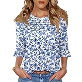 Blingfit Womens Tops 3/4 Length Sleeve Dressy Casual Shirts Bell Sleeve Front Pleated Fasion Trendy Summer Blouses 2026