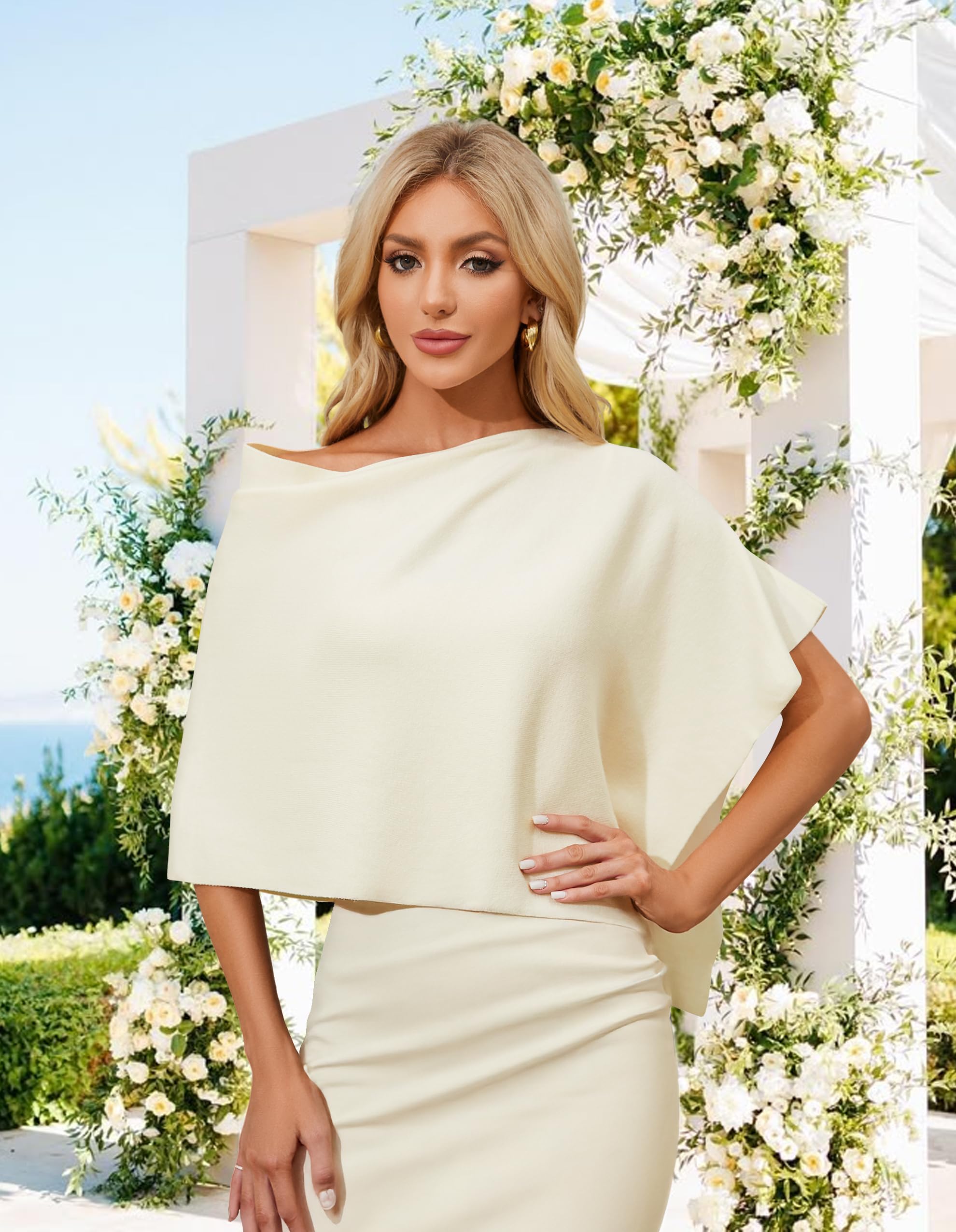 PULI Women Capri Poncho Sweater Slimming Fit Cropped Versatile Shawl Soft Knit Wraps Cowl Neck Short Tops