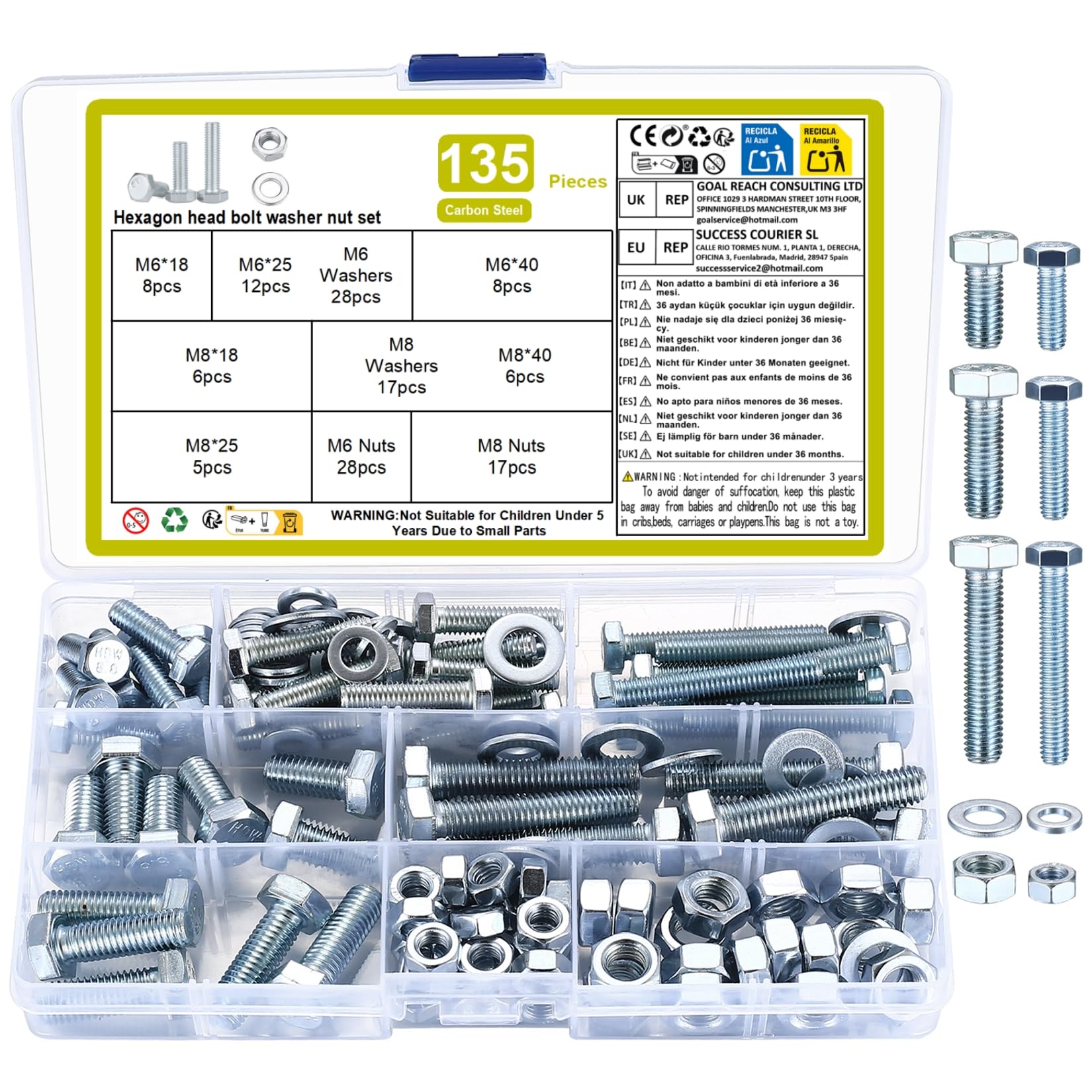135 Pcs M6 M8 Hex Bolts and Nuts and Washers Set, Nuts and Bolts and Washers Assortment Kit, Carbon Steel Hex Head Assorted Machine Screws for Repair Maintenance