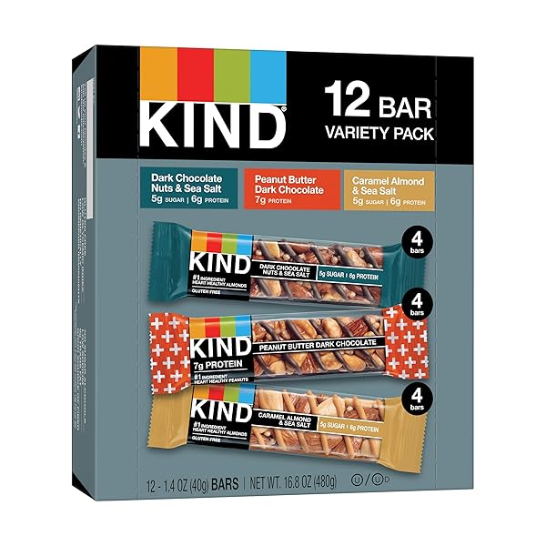 KIND NUT BARS, VARIETY PACK, DARK CHOCOLATE NUTS & SEA SALT, PEANUT BUTTER DARK CHOCOLATE, AND CARAMEL ALMOND SEA SALT, GLUTEN FREE, LOW SUGAR, 5-7G PROTEIN, 12 COUNT